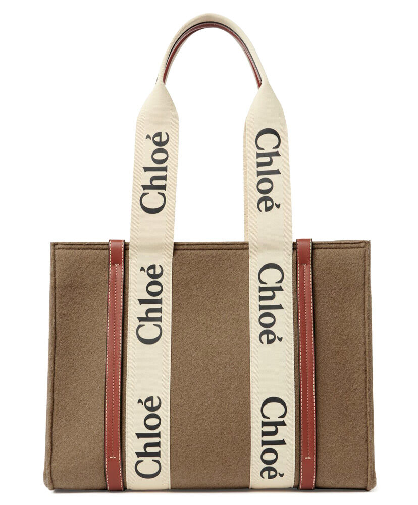 Chloe Medium Woody Tote Bag Canvas with Leather Apricot